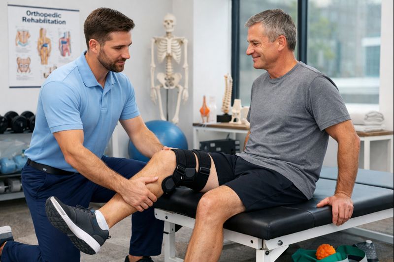 An athlete receiving physiotherapy on their knee.